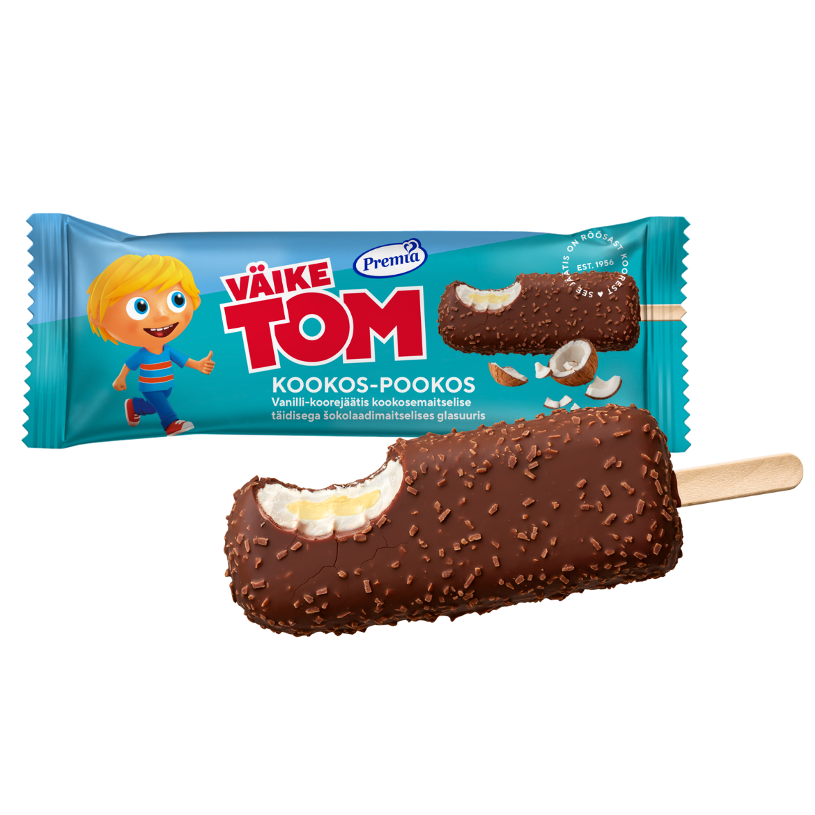 PREMIA Väike Tom Kookos-Pookos vaniljakermajäätelö kookos-suklaakuorrutteella 60g/70ml